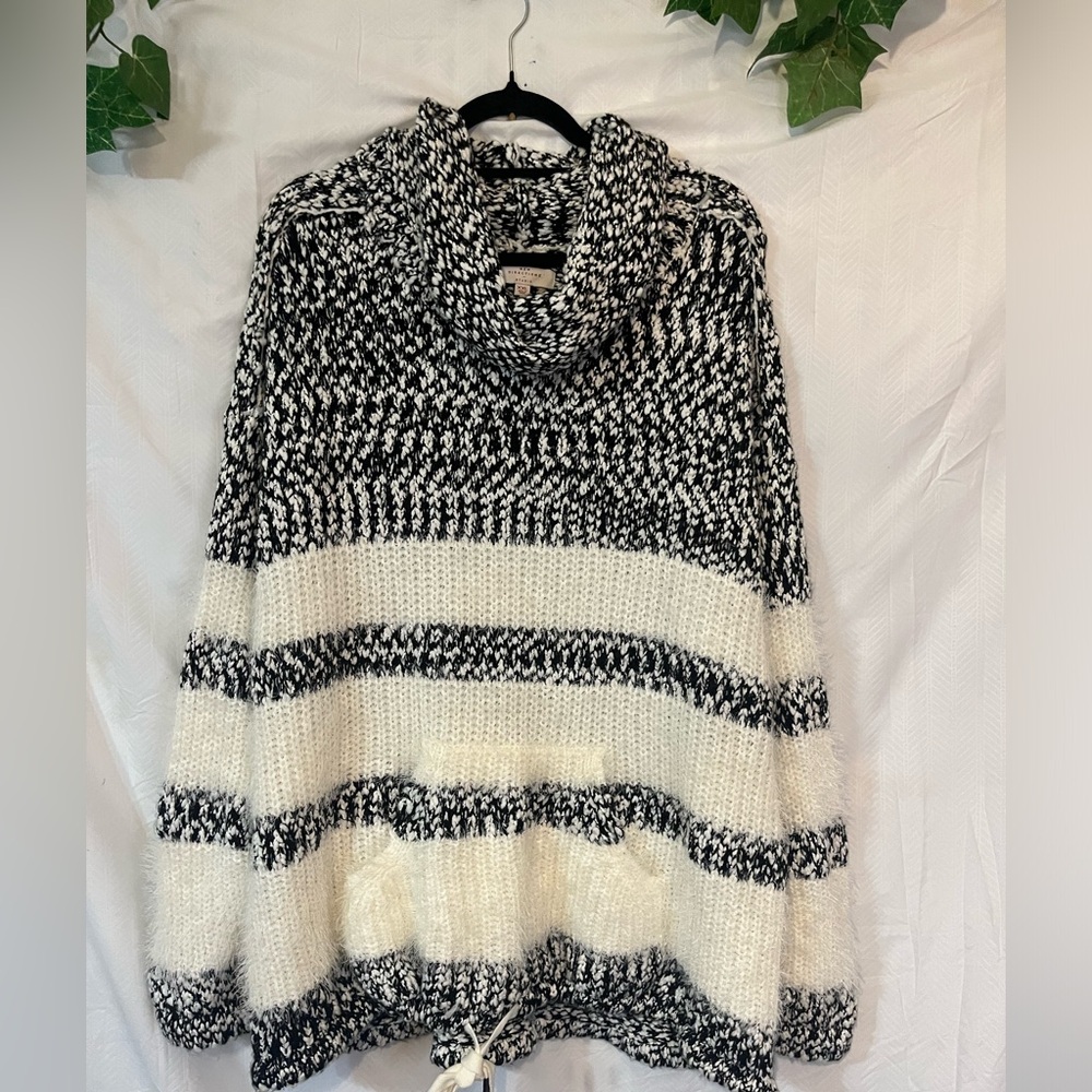 Cozy Black and White Striped Cowl neck Winter  Sweater. XXL